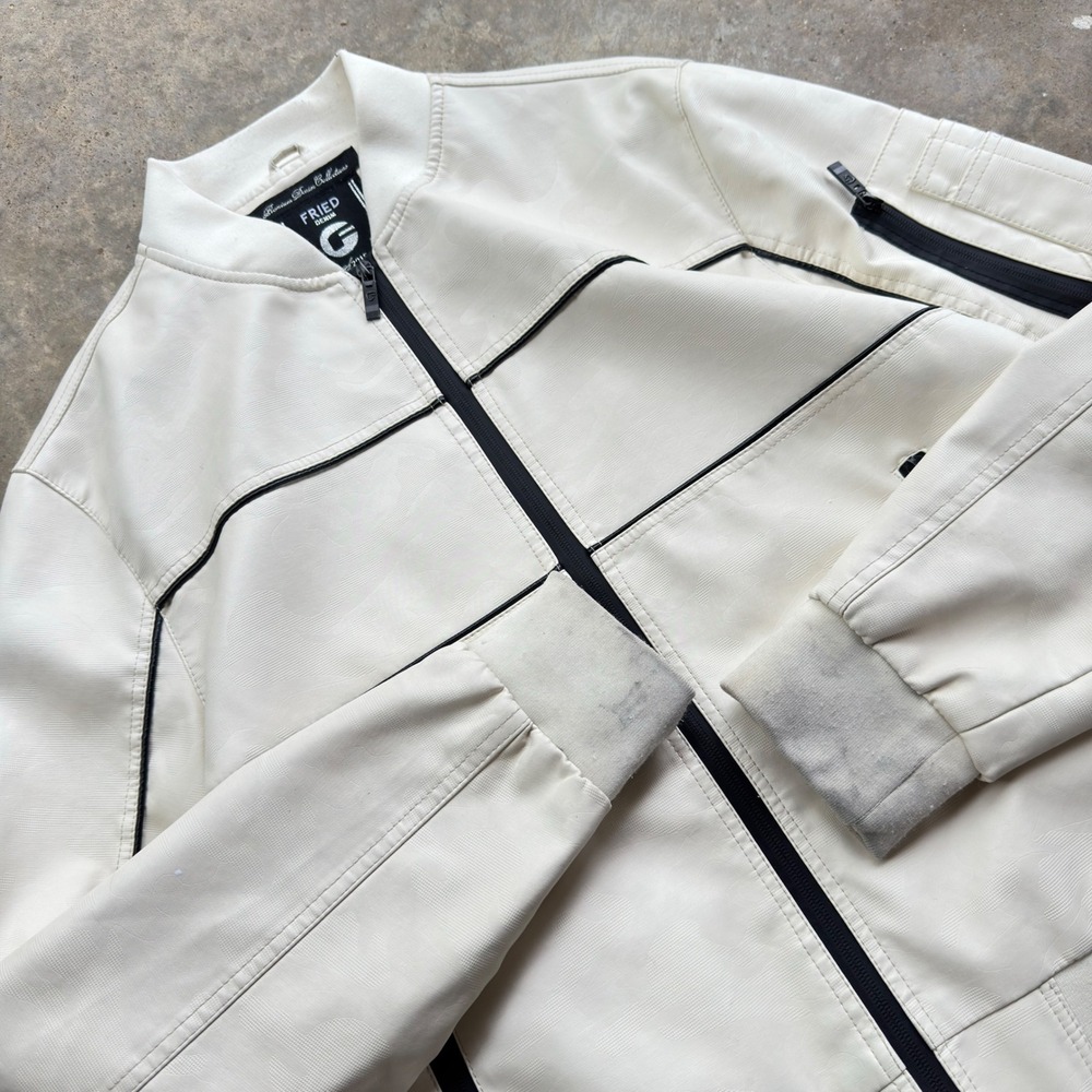 Vintage Y2K Fried Denim Biker Coat Camo Pattern Streetwear Moto White L (h2)